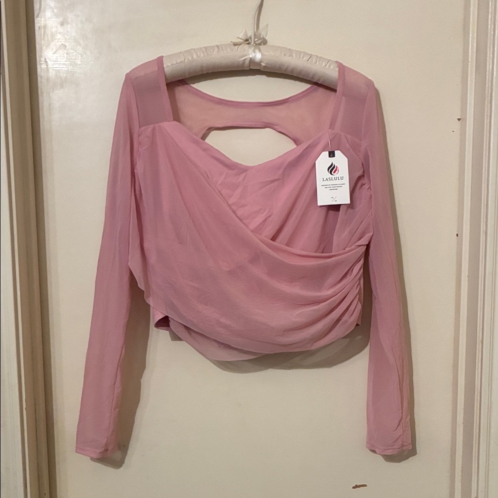 LASLULU Sheer Mesh Long Sleeve Shirts for Women Open Back Tight Workout gym Pink
